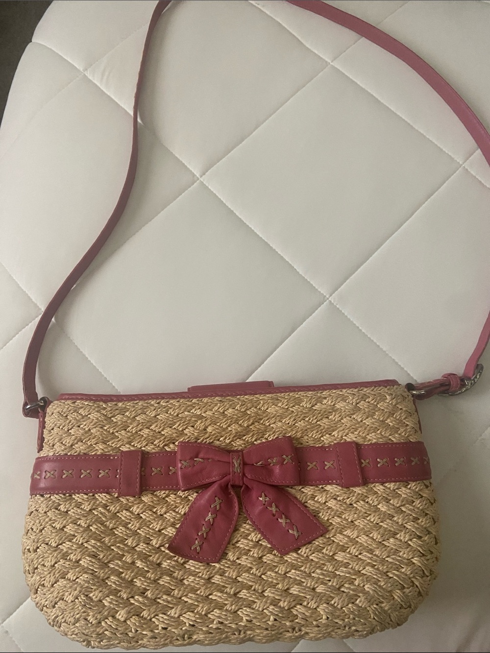 Brighton Woven Straw Crossbody Bag with Pink Bow Trim